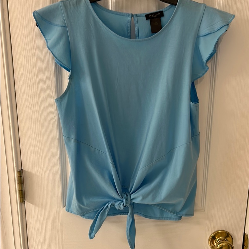 Ann Taylor Factory Blue Flutter Sleeve Tie-Front Blouse